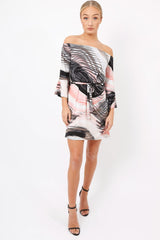 Grey Graphic Floral Off Shoulder Frill Dress - Arleen-Dresses