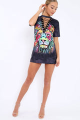 Grey Graphic Print Lace Up T-shirt Dress - Manda-Dresses