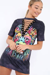 Grey Graphic Print Lace Up T-shirt Dress - Manda-Dresses