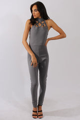 Grey Halterneck Cage Detail Jumpsuit - Mandy-Jumpsuits