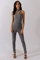 Grey Halterneck Cage Detail Jumpsuit - Mandy-Jumpsuits