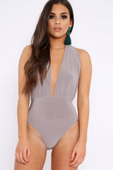 Grey Halterneck Slinky Bodysuit -Isla-Bodysuits
