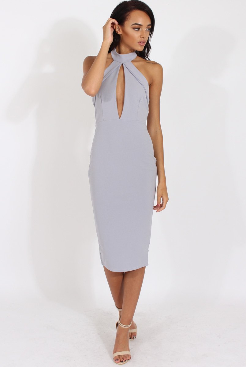 Grey High Neck Backless Midi Dress - Petunia Rebellious Fashion Grey High Neck Backless Midi Dress - Petunia Rebellious Fashion