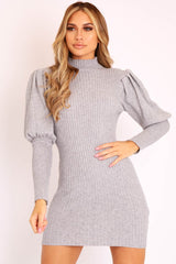 Grey High Neck Balloon Sleeve Bodycon Jumper Dress - Ginna-Dresses