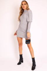 Grey High Neck Balloon Sleeve Bodycon Jumper Dress - Ginna-Dresses