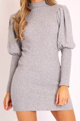 Grey High Neck Balloon Sleeve Bodycon Jumper Dress - Ginna-Dresses