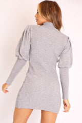 Grey High Neck Balloon Sleeve Bodycon Jumper Dress - Ginna-Dresses