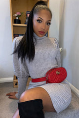 Grey High Neck Balloon Sleeve Bodycon Jumper Dress - Ginna-Dresses