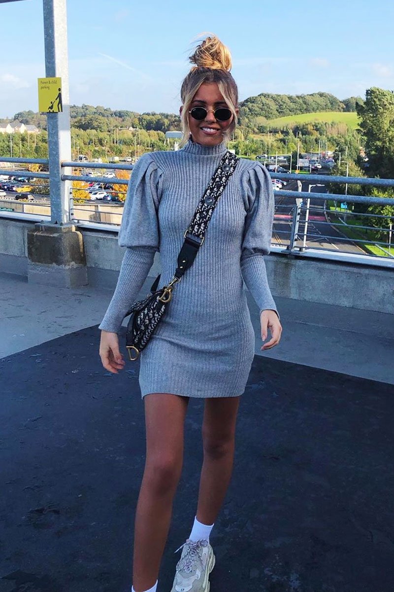 Grey High Neck Balloon Sleeve Bodycon Jumper Dress - Ginna-Dresses