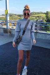 Grey High Neck Balloon Sleeve Bodycon Jumper Dress - Ginna-Dresses