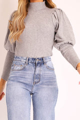 Grey High Neck Balloon Sleeve Jumper - Harriet-Jumper