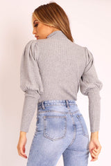 Grey High Neck Balloon Sleeve Jumper - Harriet-Jumper