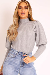 Grey High Neck Balloon Sleeve Jumper - Harriet-Jumper