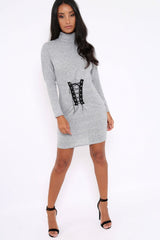 Grey High Neck Corset Front Ribbed Jumper Dress - Miah-Dresses