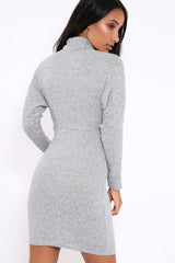 Grey High Neck Corset Front Ribbed Jumper Dress - Miah-Dresses
