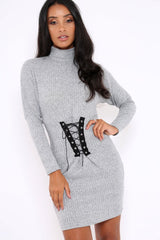 Grey High Neck Corset Front Ribbed Jumper Dress - Miah-Dresses