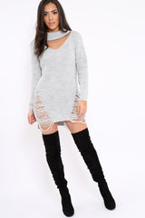 Grey High Neck Cut Out Distressed Jumper Dress - Adalyn-Jumper
