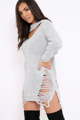 Grey High Neck Cut Out Distressed Jumper Dress - Adalyn-Jumper