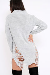 Grey High Neck Cut Out Distressed Jumper Dress - Adalyn-Jumper