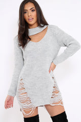 Grey High Neck Cut Out Distressed Jumper Dress - Adalyn-Jumper