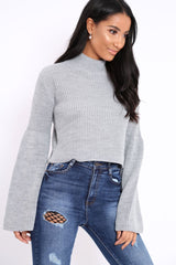 Grey High Neck Flared Sleeve Jumper - Aloni-Jumper