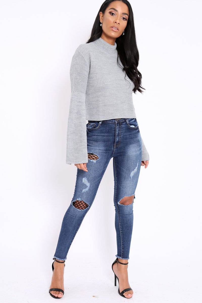 Grey High Neck Flared Sleeve Jumper - Aloni-Jumper
