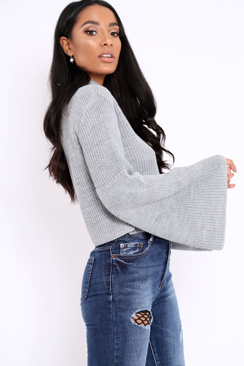 Grey High Neck Flared Sleeve Jumper - Aloni-Jumper