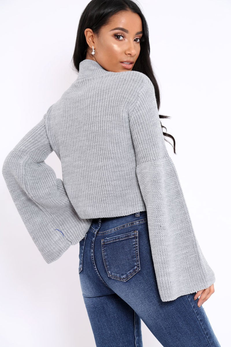 Grey High Neck Flared Sleeve Jumper - Aloni-Jumper