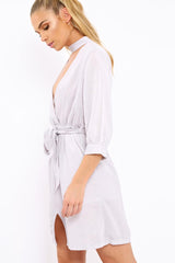 Grey High Neck Plunge Tie Waist Dress - Trinity-Dresses
