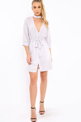 Grey High Neck Plunge Tie Waist Dress - Trinity-Dresses