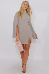 Grey High Neck Split Sleeves Bodycon Dress - Lumi-Dresses