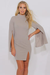 Grey High Neck Split Sleeves Bodycon Dress - Lumi-Dresses
