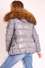 Grey High Shine Fur Trim Puffer Coat - Stacia-Coats