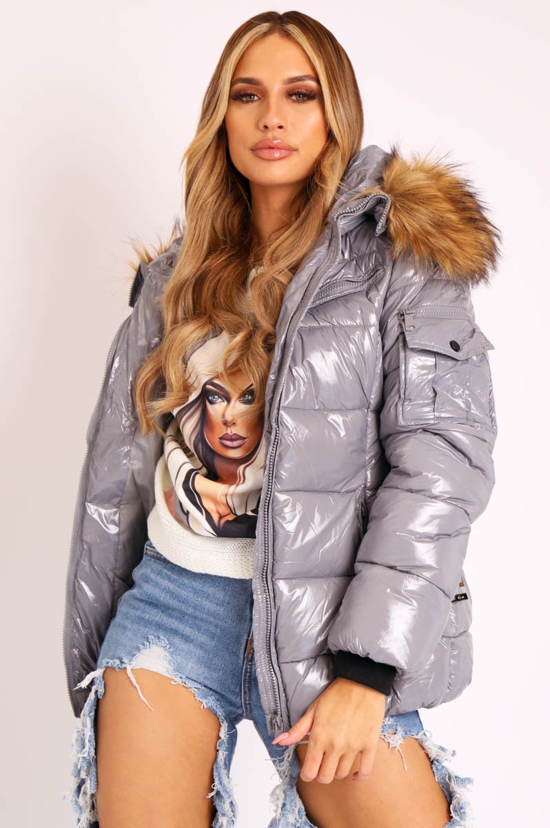 Grey High Shine Fur Trim Puffer Coat - Stacia-Coats