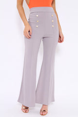 Grey High Waist Button Front Flare Trousers - Raye-Trousers