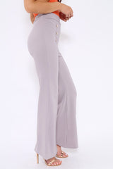 Grey High Waist Button Front Flare Trousers - Raye-Trousers