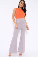 Grey High Waist Button Front Flare Trousers - Raye-Trousers