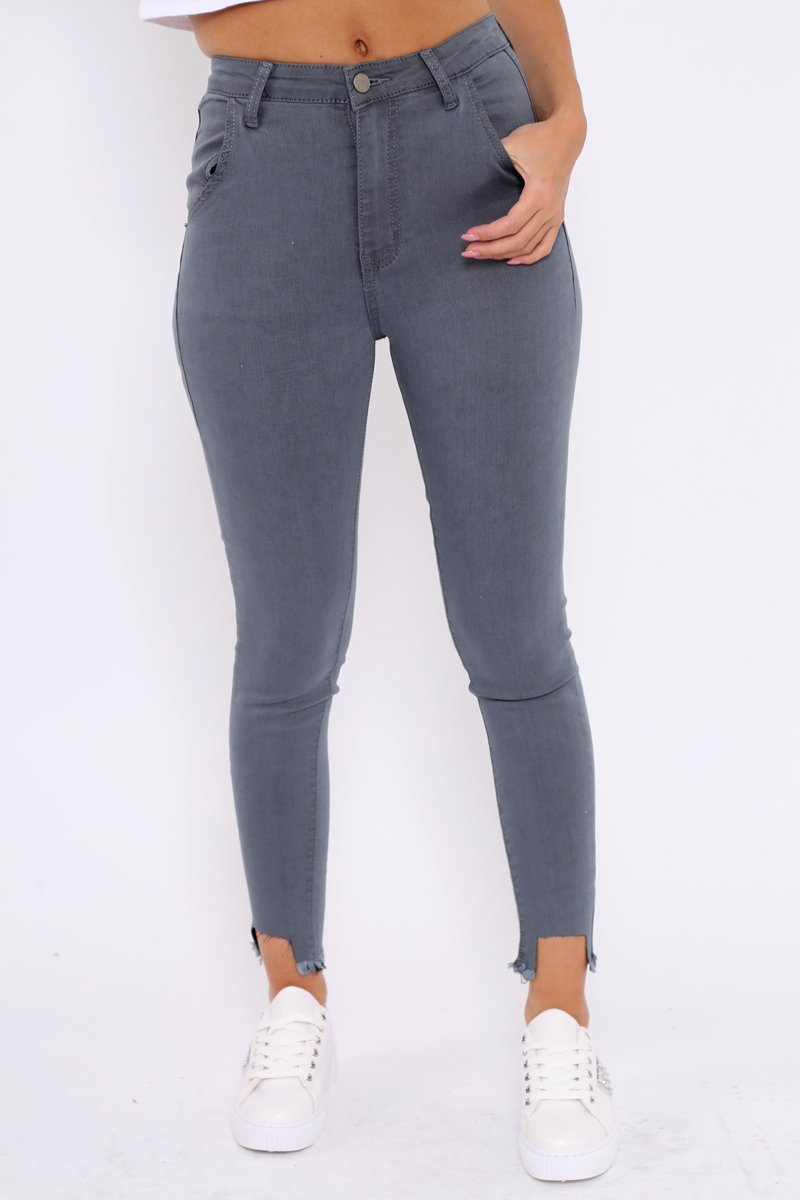 Grey High Waist Cut Out Hem Jeans - Geri-Jeans