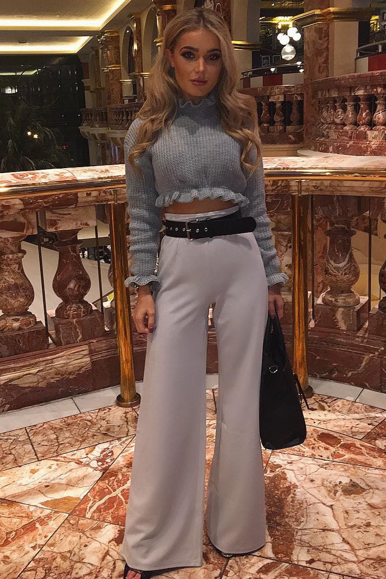 Grey High Waist Flare Trousers -Tisha-Trousers