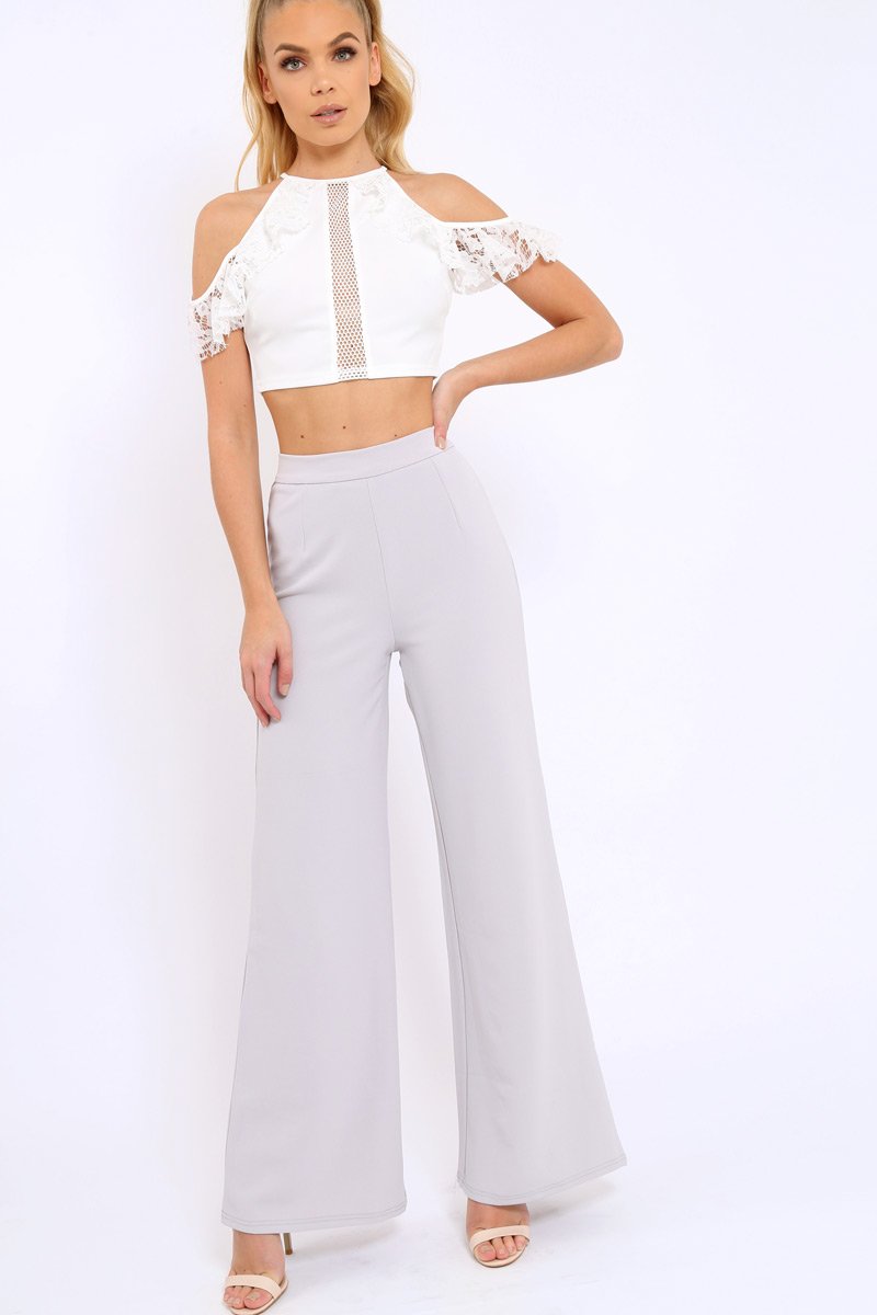 Grey High Waist Flare Trousers -Tisha-Trousers