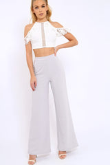 Grey High Waist Flare Trousers -Tisha-Trousers