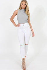 Grey Highneck Open Back Crop Top - Christina-Crop Tops