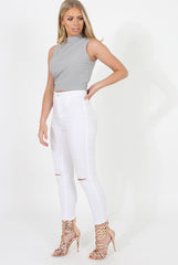 Grey Highneck Open Back Crop Top - Christina-Crop Tops