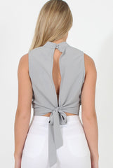 Grey Highneck Open Back Crop Top - Christina-Crop Tops