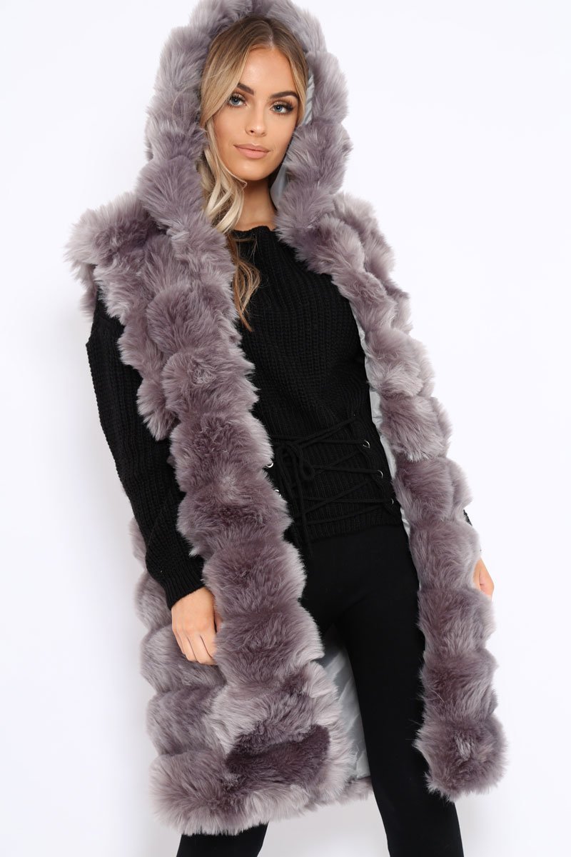 Grey Hooded Faux Fur Gilet - Jadie-Jackets