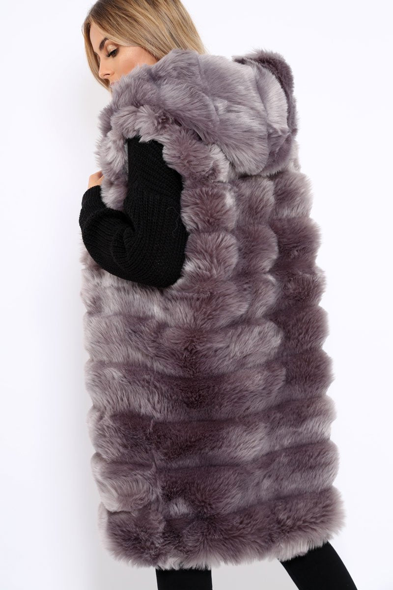 Grey Hooded Faux Fur Gilet - Jadie-Jackets
