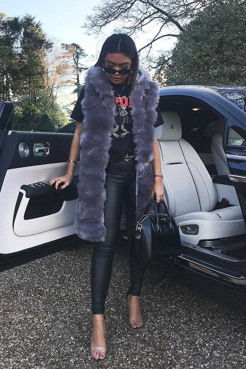 Grey Hooded Faux Fur Gilet - Jadie-Jackets