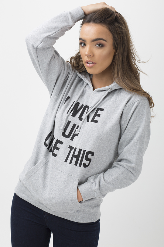Grey 'I Woke Up Like This' Slogan Hoodie - Bey