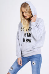 Grey I'd Rather Stay In Bed Slogan Hoodie - Tammy-Loungewear