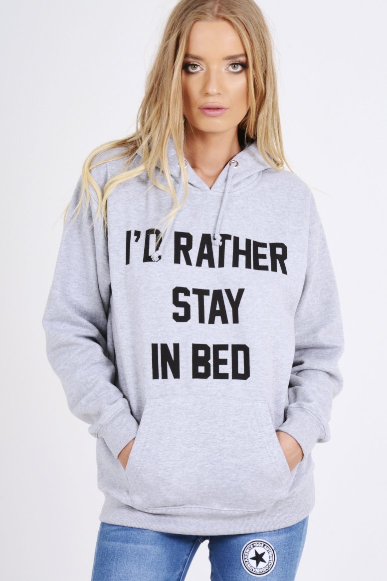 Grey I'd Rather Stay In Bed Slogan Hoodie - Tammy-Loungewear